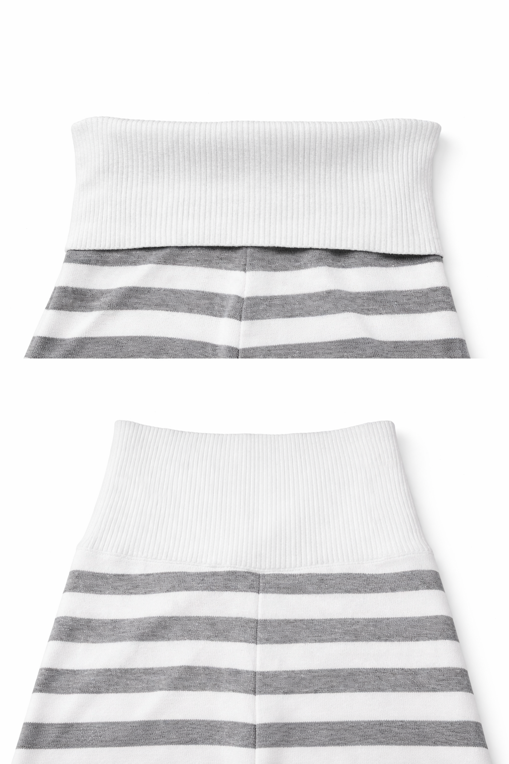 Gray and white striped tube top and skirt set on a white background