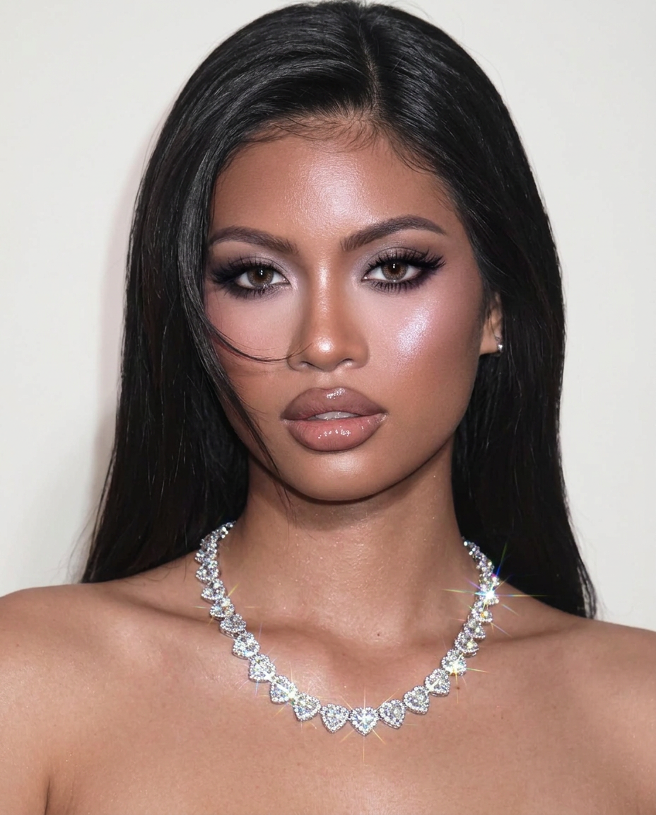 Model wearing the Purevella Hearts on Ice necklace