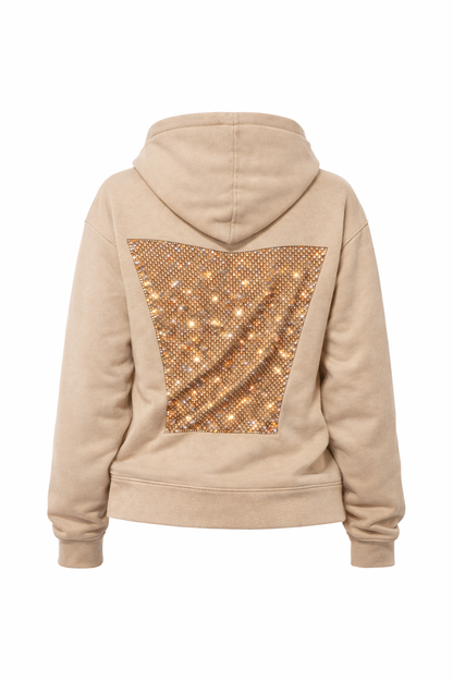Beige hoodie with a sequined back panel on a white background