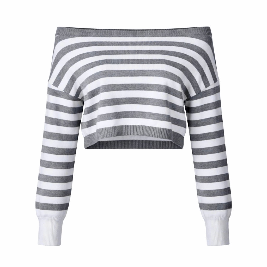 Gray and white striped sweater on a white background