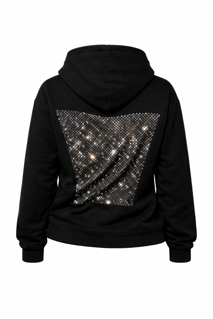 Black hoodie with a sparkling pattern on the back against a white background