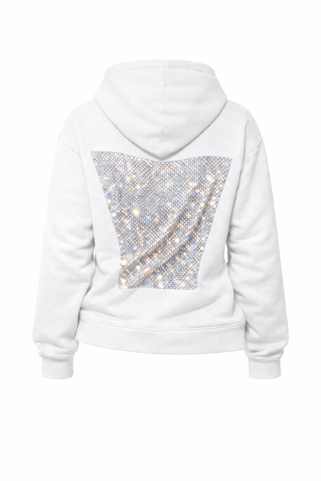 White hoodie with a sequin pattern on the back against a white background