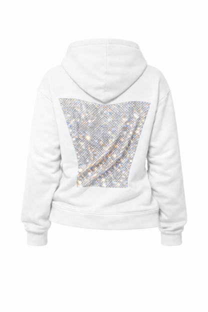 White hoodie with a sequin pattern on the back against a white background