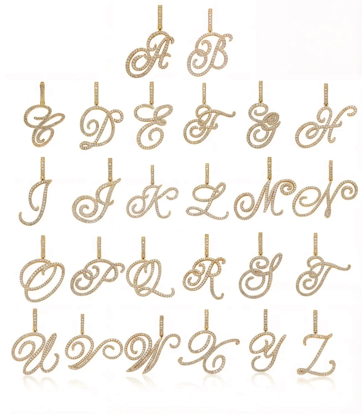 Custom Diamond Initial Necklace featuring various initial designs in elegant diamond style.