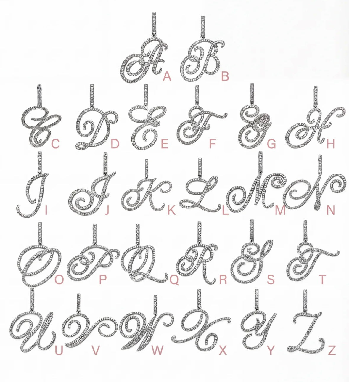 Custom Diamond Initial Necklace showing various letter designs in sparkling diamonds.