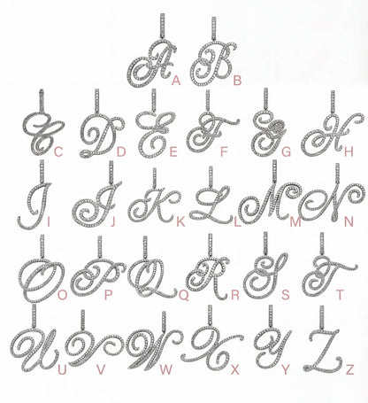 Custom Diamond Initial Necklace showing various letter designs in sparkling diamonds.