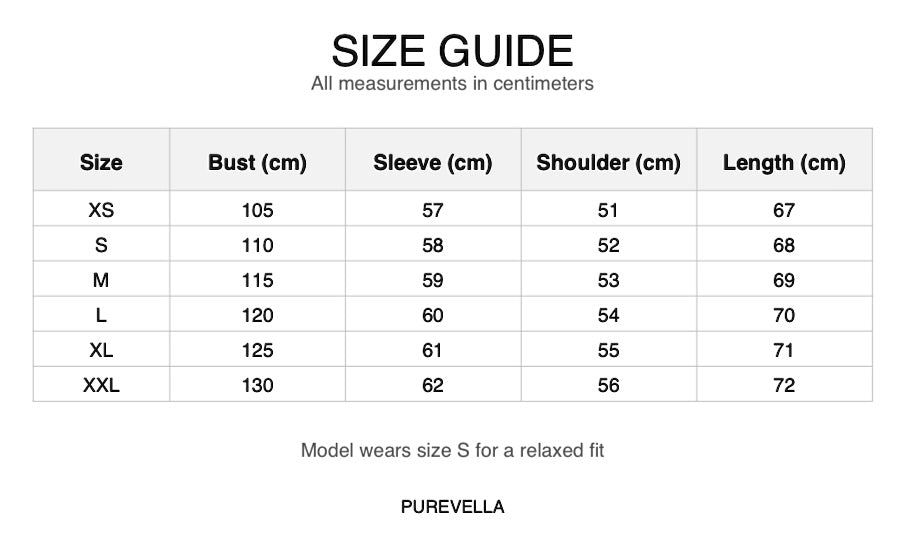 Size guide chart for clothing with measurements in centimeters, labeled 'PUREVELLA'.