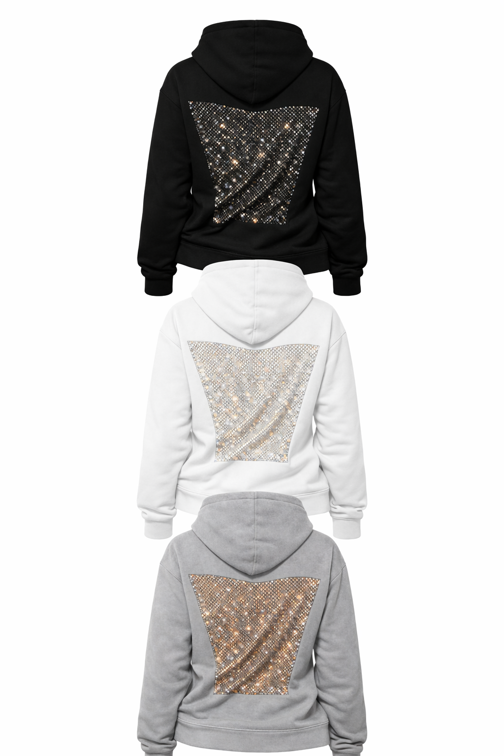 Three hoodies in black, white, and gray with sequin patterns on the back against a white background.