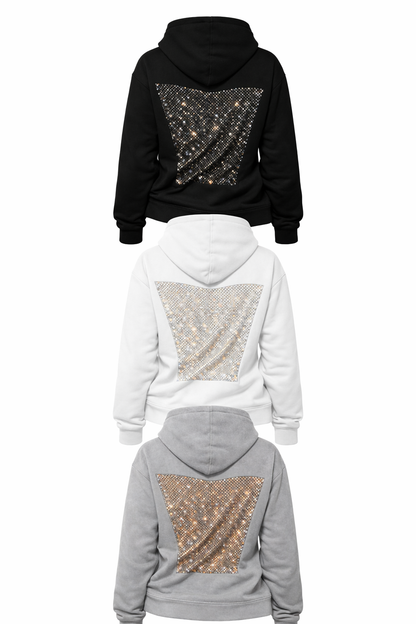 Three hoodies in black, white, and gray with sequin patterns on the back against a white background.